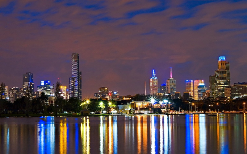 downtown District, building Exterior, no people, lake, water, office Building, asia, illuminated, landscape, night, dusk, lights, panoramic, body, modern
