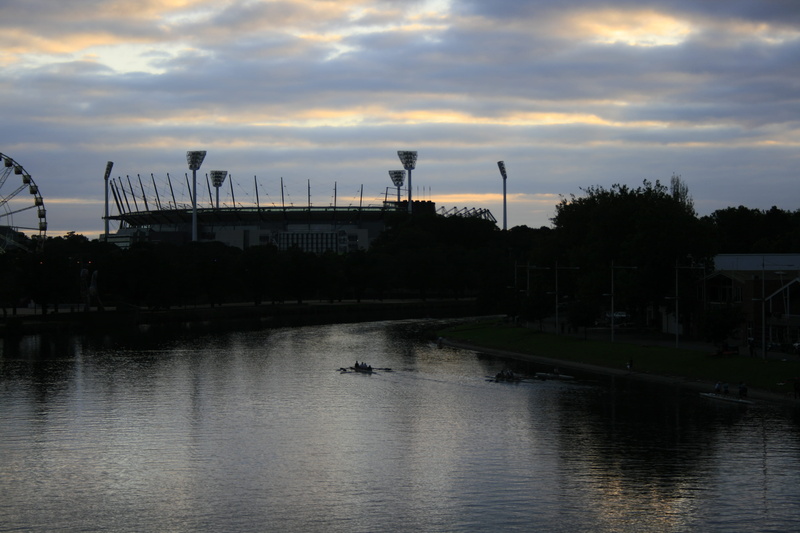 construction industry, no people, factory, melbourne, built structure, outdoors, architecture, stadium, cloud - sky, industry, sunrise, mcg, tree, reflection