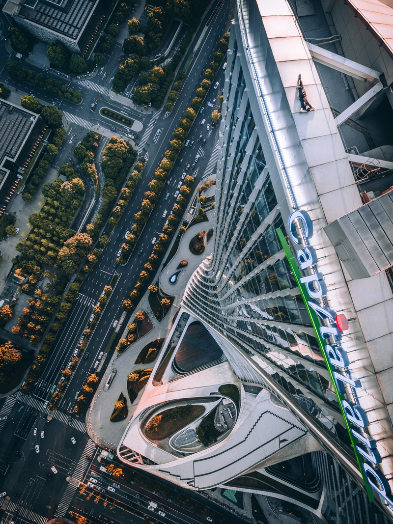 street, tall - High, high Angle View, cityscape, traffic, daredevil, office Building, tree, person, outdoors, city, photography, modern, drone view, adrenaline