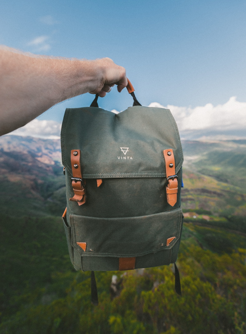 bag, landscape, nature, travel, co, adventure, knapsack, sky, field, brown, mountain, human hand, Vinta, environment, rucksack, black, focus on foreground
