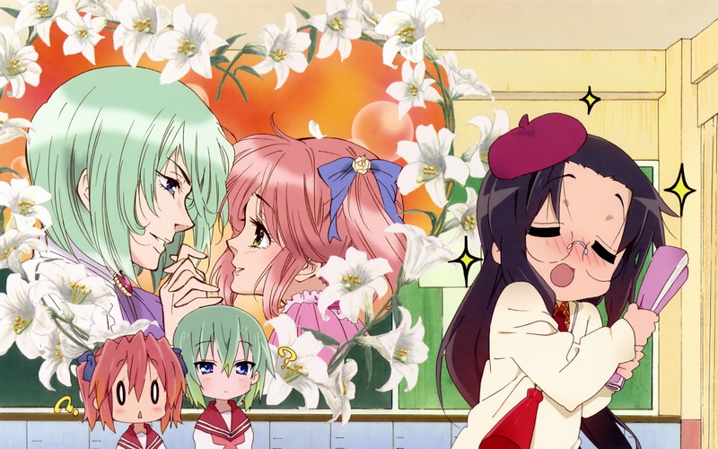 hiyori, green, hair, flowers, yuri, yutaka, iwasaki, glasses, star, hat, 1080P, kobayakawa, minami, lucky, tamura