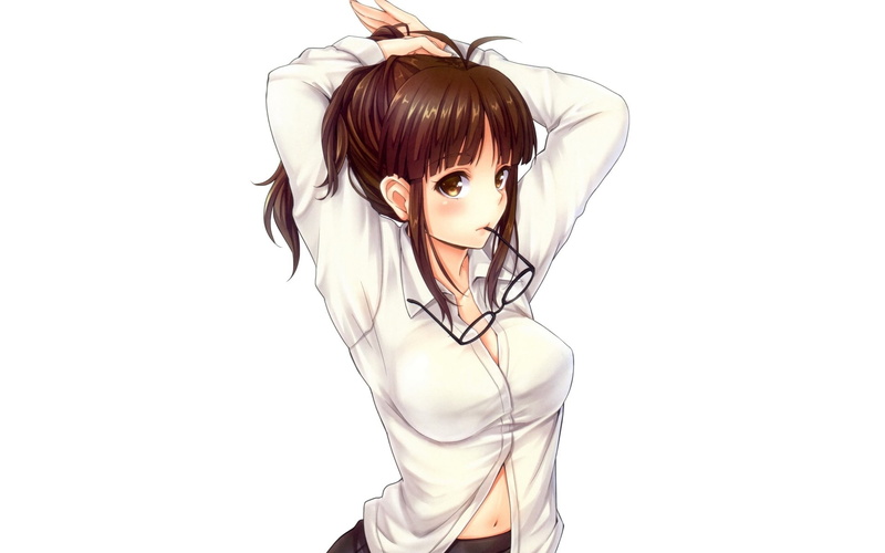 Ponytail, Glasses, 1080P, The iDOLM@STER, Girl, Shirt, Brown Hair, Brown Eyes, Ritsuko Akizuki, Blush, Anime, Long Hair