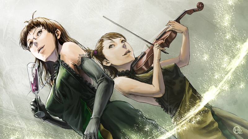 ritsuko, dress, gloves, ami, akizuki, 720P, hayato, idolmaster, futami, drink, violin, higashiyama, glasses, elbow