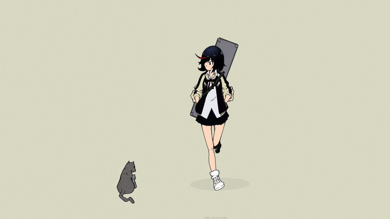 colored background, connection, copy space, complexity, kill la kill ryou akizuki matoi ryuuko short hair short skirt cat anime manga anime girls dark hair