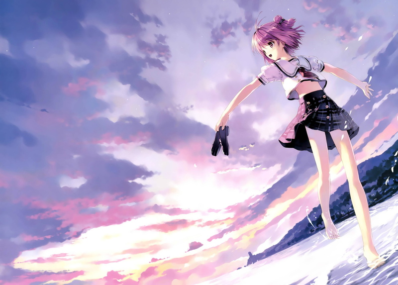 leisure activity, nature, Soshite Ashita no Sekai yori, sky, shirt, haired, motion, barefoot, anime girls, pink, Hinata Yuuhi, women, freedom, beach, near