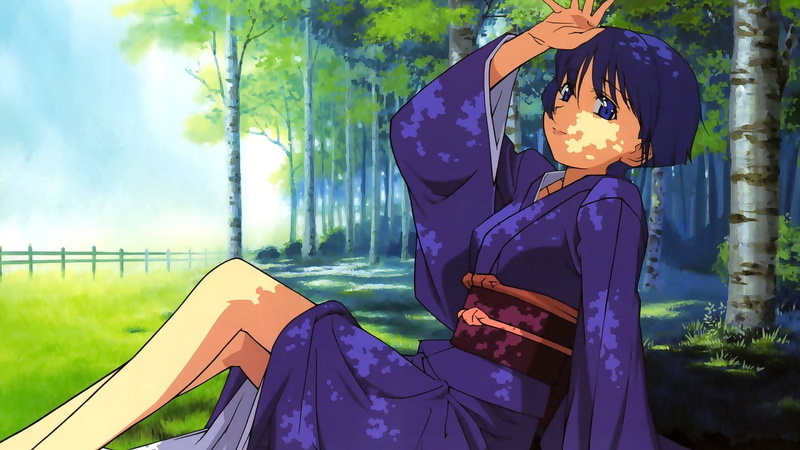 brunette, standing, Ai Yori Aoshi, three quarter length, one person, blue eyes, obscured face, 1080P, Japanese clothes, anime, lifestyles, blue, day, representation