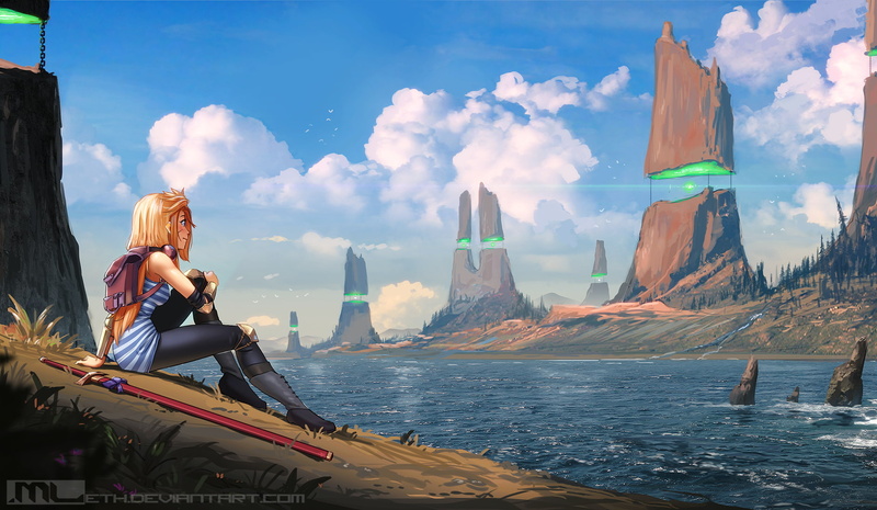 beauty in nature, cloud - sky, new world, sky, young adult, travel, futuristic, sci-fi, outdoors, day, one person, nature, Anime, 720P, non-urban scene