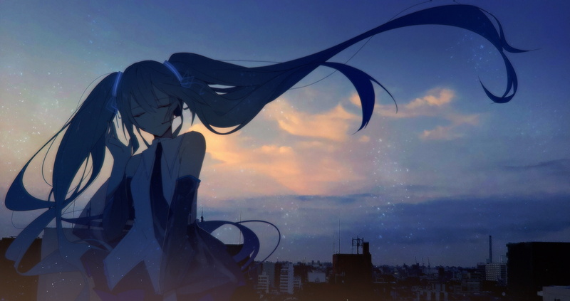 long hair, closed eyes, Vocaloid, cityscape, Hatsune Miku, dark, 2K, anime, anime girls