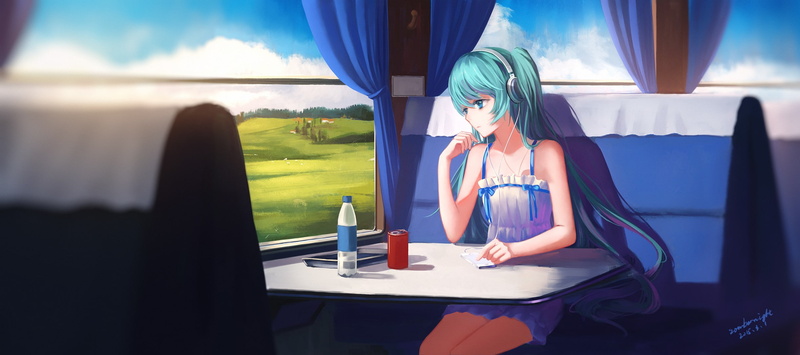 headphones, long hair, Hatsune Miku, anime girls, anime, 1080P, Vocaloid, train