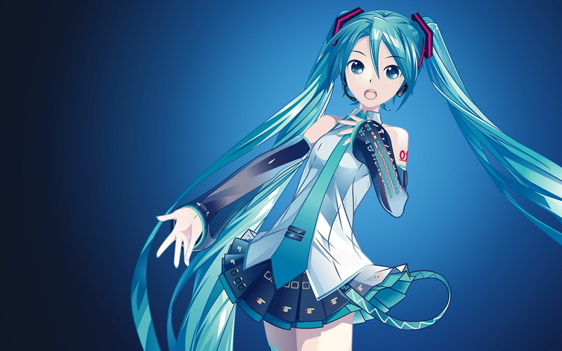 Vocaloid, young adult, front view, anime, thigh-highs, fashion, blue, 1080P, skirt, Hatsune Miku, indoors, beautiful woman, adult, blue background, young women