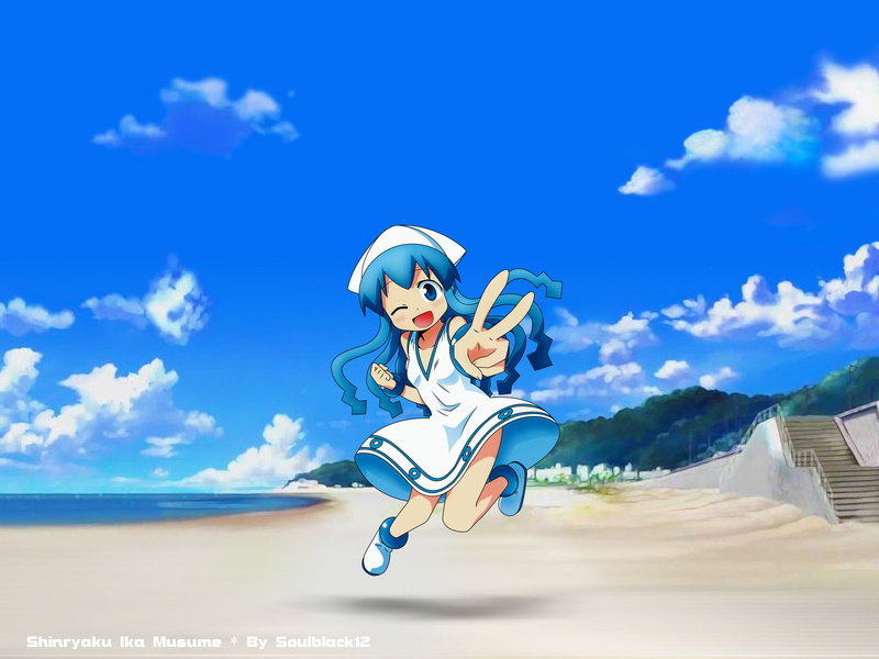 young adult, females, Shinryaku! Ika Musume, cheerful, cloud - sky, jumping, women, motion, outdoors, emotion, young women, Ika Musume, day, blue, sky