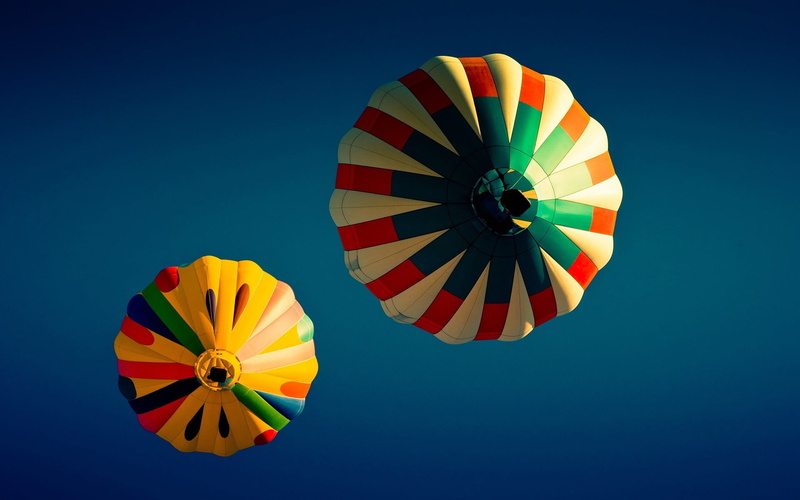 hot air balloons, ribbon, two, orange color, nature, adventure, sky, clear sky, parachute, no people, sport, blue, worms eye view, orange, transportation