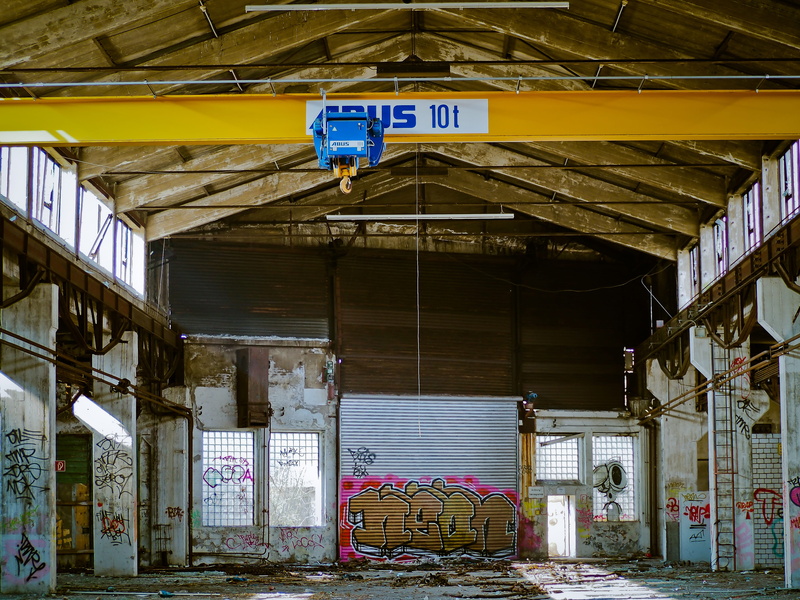 destroyed, no people, facade, old factory, guidance, ruin, ceiling, information sign, architecture, built structure, old factory building, day, communication