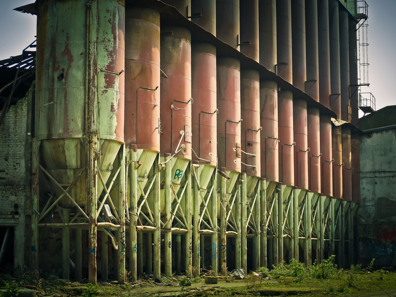 industrial landscape, no people, lost places, industrial plant, morbid, building exterior, side by side, rusty, silos, building, dilapidated, industry