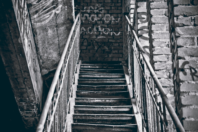 black white, building exterior, outdoors, industrial landscape, architecture, brick, lost places, wall, direction, hall, staircase, forget, wall - building feature