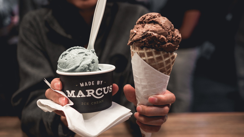 food and drink, dessert, frozen, cone, chocolate, scoop, frozen food, human hand, temptation, sweet food, freshness, delicious, sweet, ice cream, blurred background