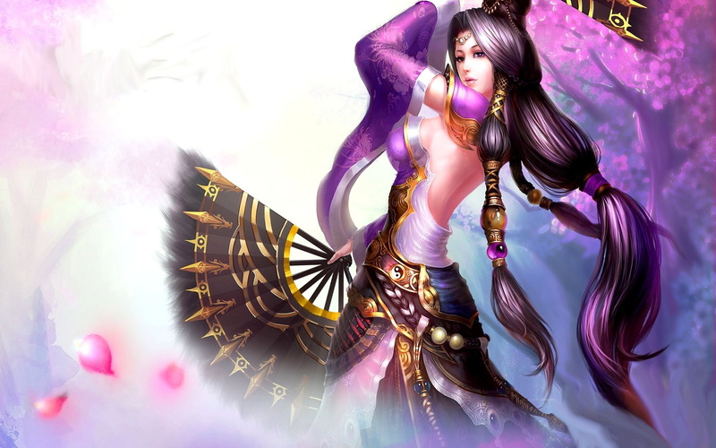 Brunette, Long Hair, Woman, Gods, Fantasy, Oriental, Purple Eyes, Purple, Goddess, 1080P