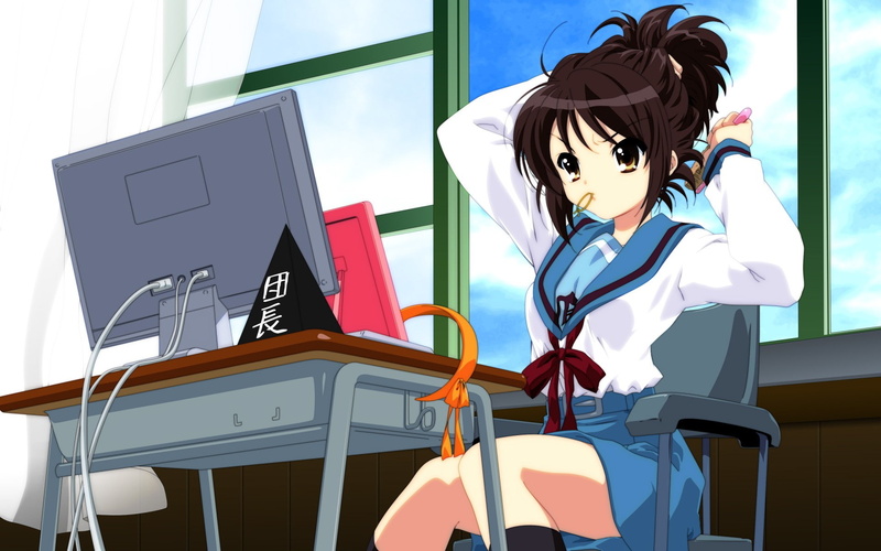 anime, dark hair, 1080P, short hair, The Melancholy of Haruhi Suzumiya, Suzumiya Haruhi, anime girls, yellow eyes, school uniform
