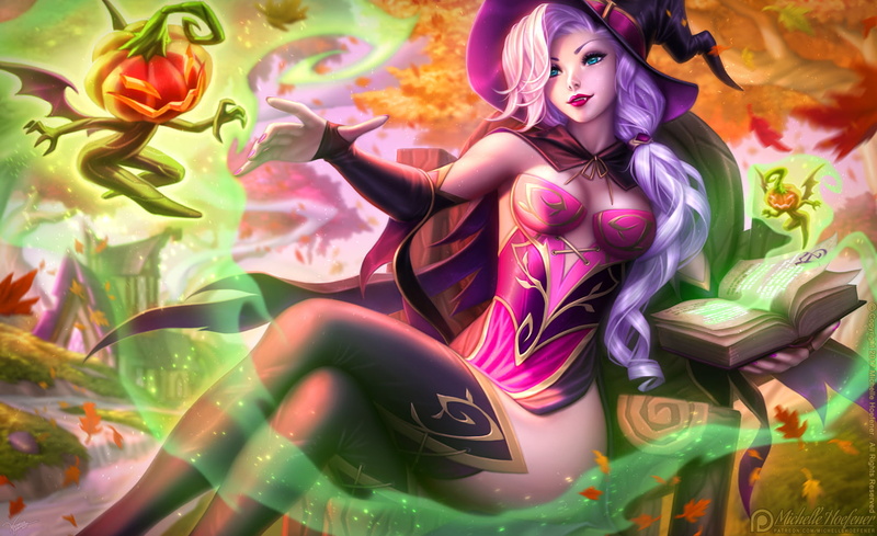 nature, dress, drawing, green, long hair, hat, books, blue eyes, magician, purple hair, thigh-highs, Michelle Hoefener, pumpkin, 720P, spell, women, witch
