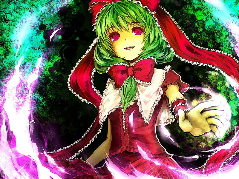 touhou, smiling, bows, long, cuffs, red, ribbons, kagiyama, hina, eyes, 720P, magic, green, vivid, dress, glowing, hair