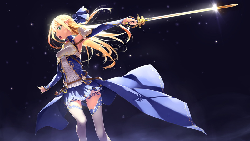 Girl, 1080P, Green Eyes, Anime, Pointed Ears, Dress, Original, Space, Blonde, Original (Anime), Long Hair, Sword