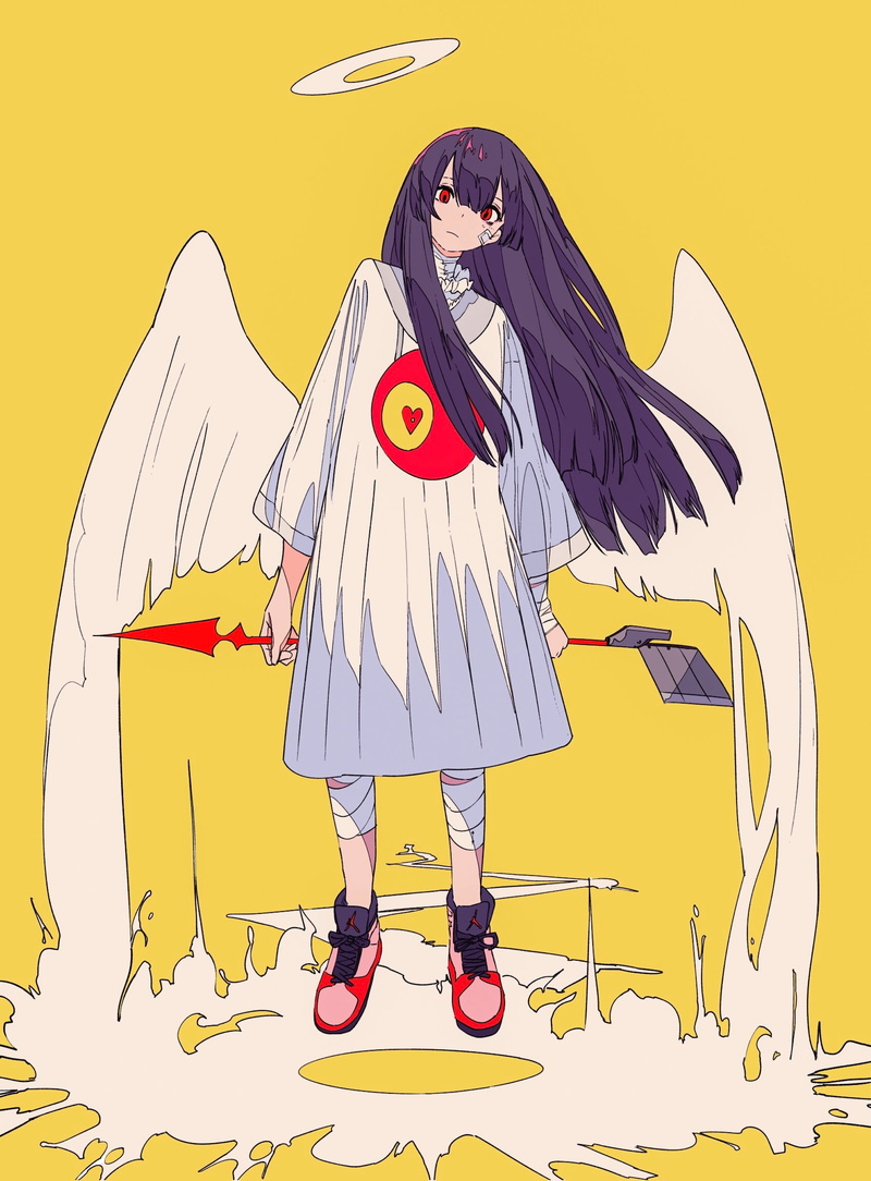anime, yellow background, anime girls, 1080P, wings, long hair, purple hair, red eyes