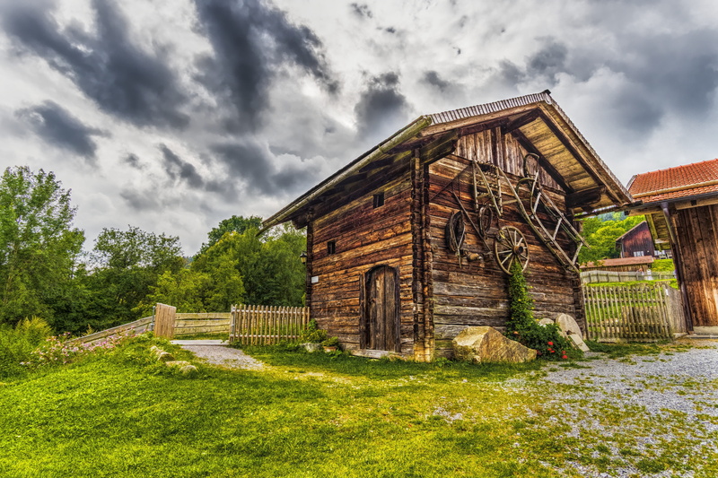 nature, green, the past, landscape, wood, rural, far, built structure, brown, trees, rustic, scale, cloud - sky, architecture, hut, beautiful, clouds, alpine hut
