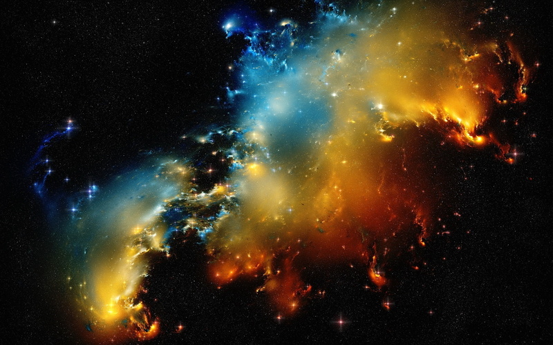 space, illustration, red, yellow, blue, galaxy, 1080P, nebula