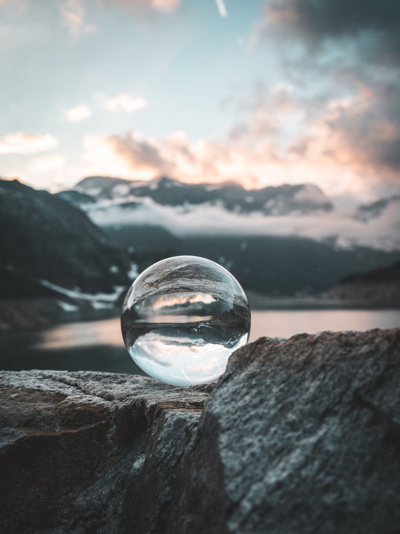 snow, sun, glass - Material, environment, lens ball, concepts, inspiration, sphere, fog, abstract, backgrounds, frosted, sunset, bubble, upside down, planet - Space