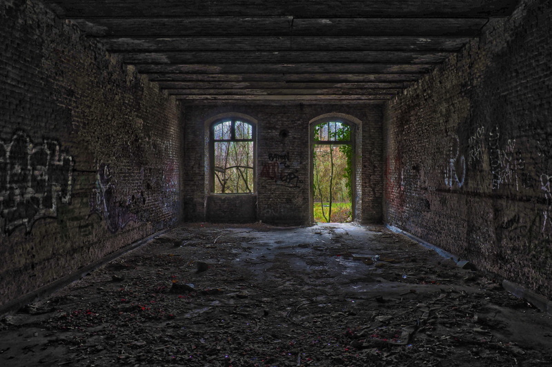 no people, gloomy, arch, indoors, space, past, the past, mood, atmosphere, built structure, forget, graffiti, old ruin, damaged, obsolete, ruined, decline