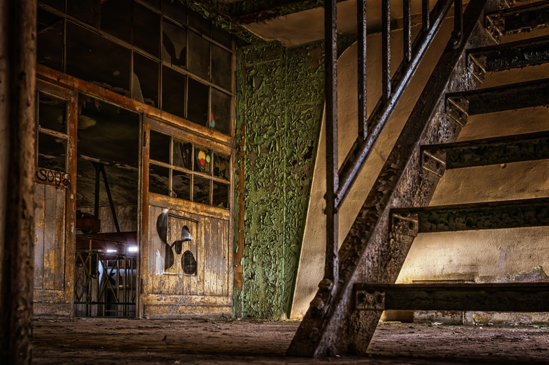 mysterious, wood - material, weathered, night, run-down, built structure, damaged, window, lost places, masonry, dark, railing, weird, room, steps and staircases