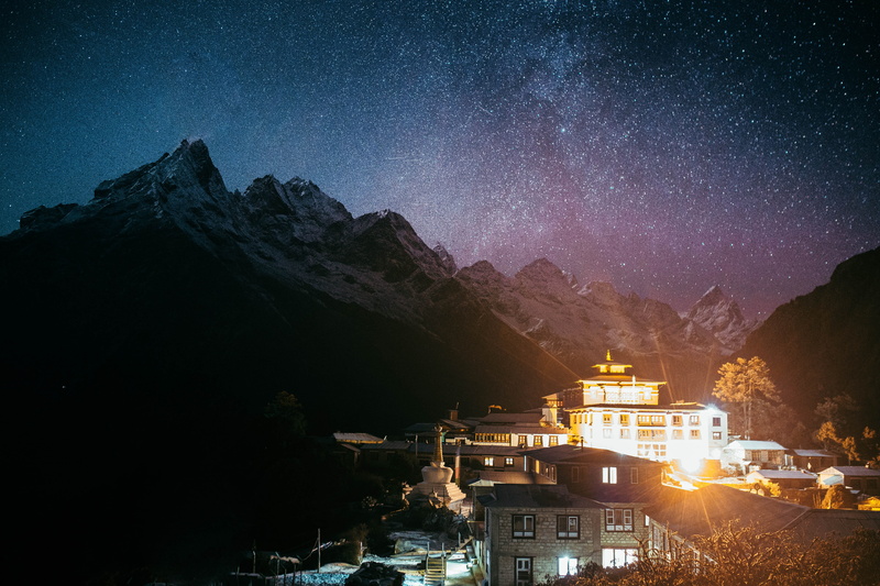 travel, front, star - Space, building, Monastery, dark, sky, astronomy, nature, house, near, residential district, building exterior, space, 5K, beauty in nature