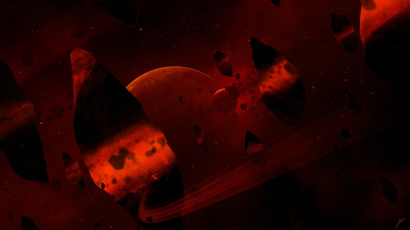 2K, JoeyJazz, space art, red, asteroid
