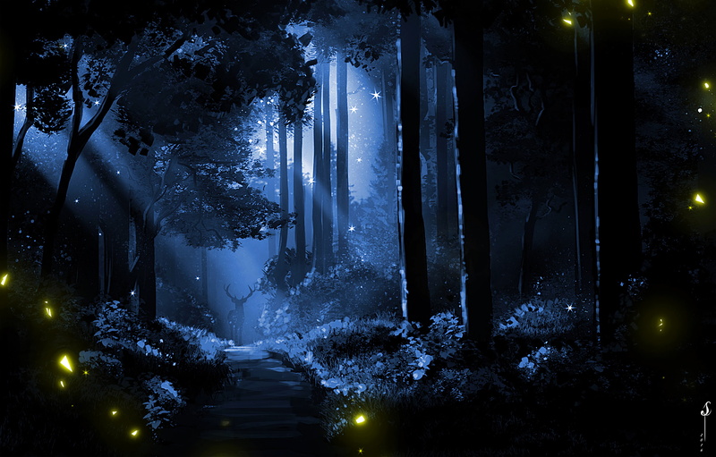 Nature, deer, artwork, dark forest, 2K, light, trees