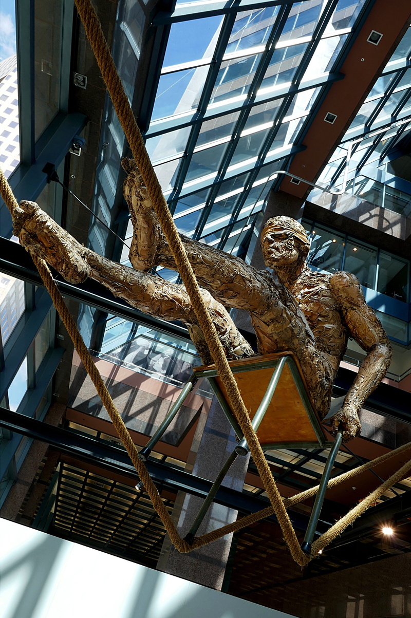 human representation, david robinson, art and craft, sculpture, skylight, art, ceiling, suspended, built structure, animal wildlife, indoors, metal, craft
