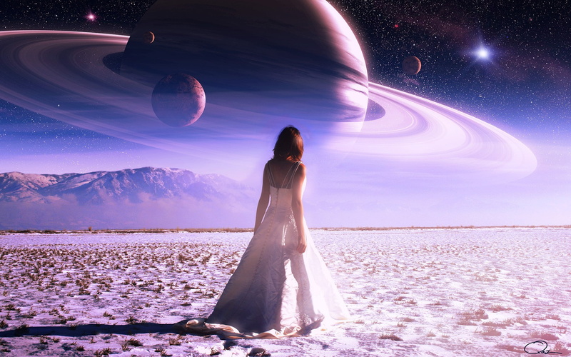 science, nature, 1080P, land, scenics - nature, art, beautiful woman, Saturn, night, dress, sky, fantasy, qauz, star - space, young adult, planets, outer