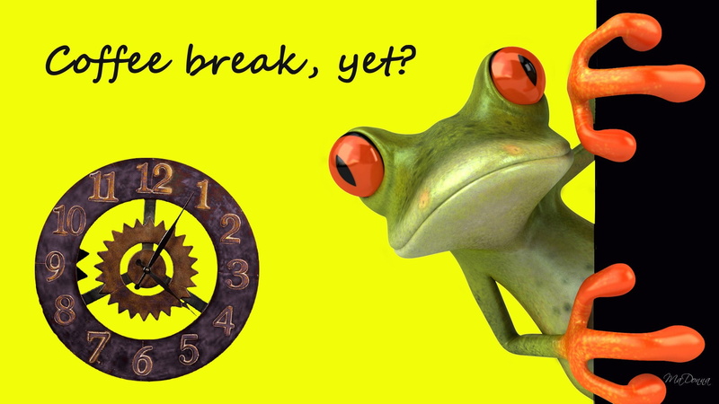 yet, hold on, break, animals, 1080P, frog, comedy, coffee, hd, orange eyes, art, clock, frogs, coffee break
