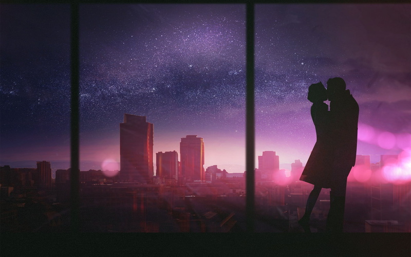 sky, people, urban skyline, office building exterior, architecture, night, city, star - space, digital composite, cityscape, city life, first kiss high def