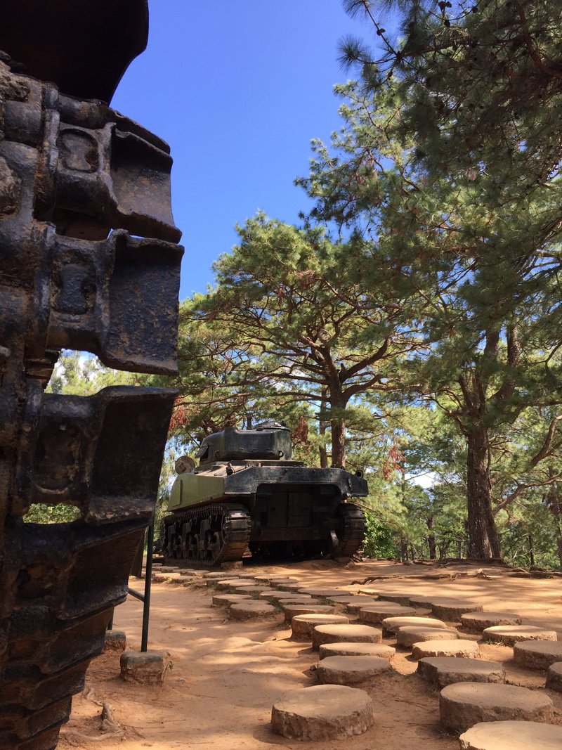 built structure, conflict, armour, sky, memorabilia, armor, defense, low angle view, metal, tree, track, the past, ruined, plant, war, steel, building