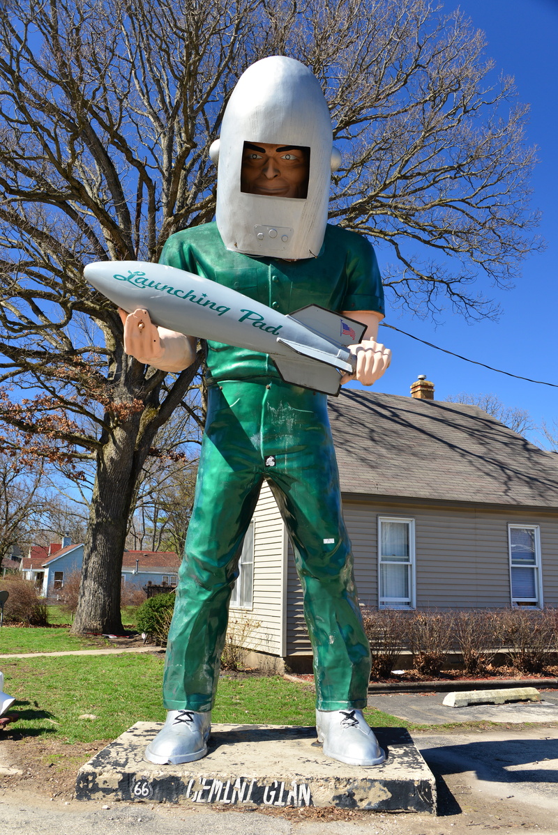 illinois, one person, outdoors, usa, travel, bare tree, yesteryear, route 66, restaurant, space, front view, gemini giant, mother road, obscured face, nature