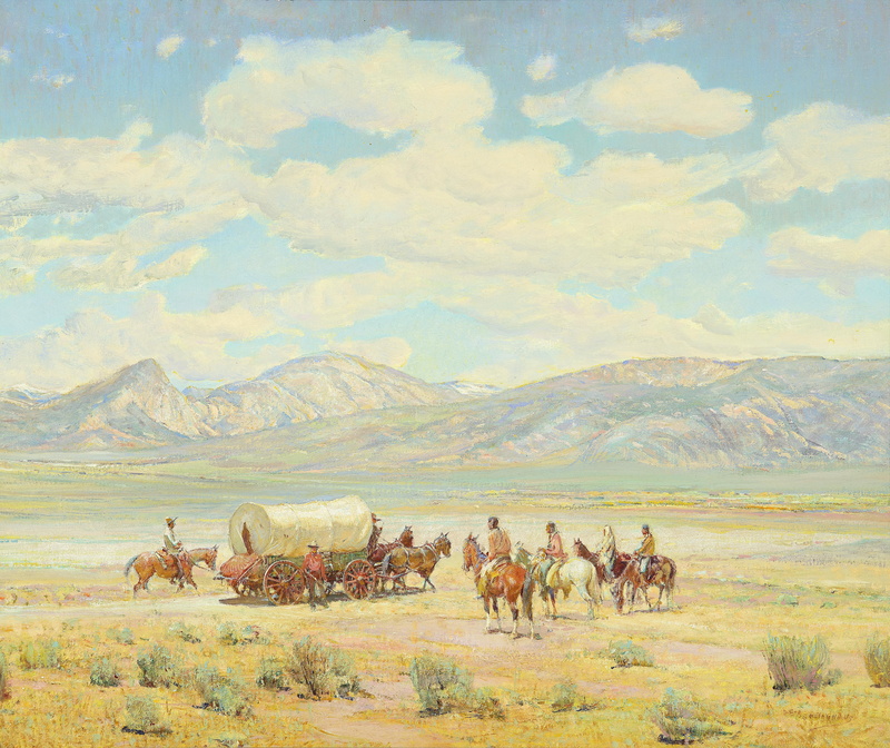 carts, horse, wild West, Oscar Edmund Berninghaus, 5K, Homesteaders on Indian Land, the Indians, mountains