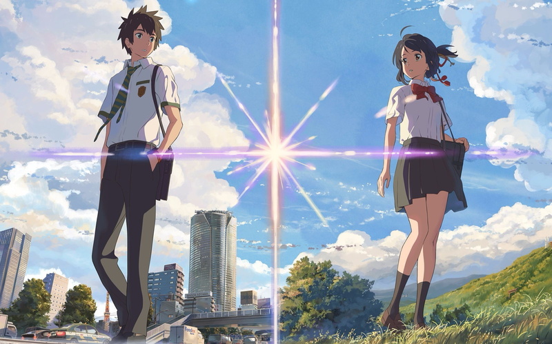 sky, 1080P, anime, longhair, miniskirt, anime girls, cityscape, anime boys, Your Name, Kimi no Na Wa, tie