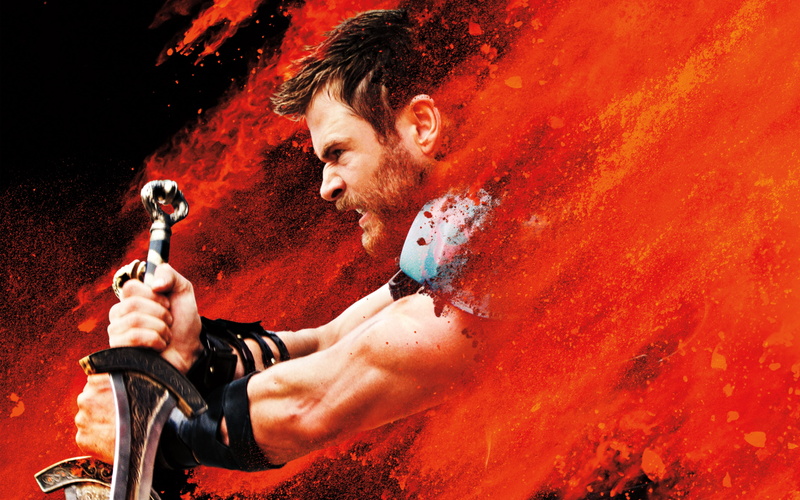 mid adult, fantasy, portrait, nature, sign, actor, weapon, thor, warning sign, orange, poster, movie, 4K, Chris Hemsworth, young men, ragnarok, real people