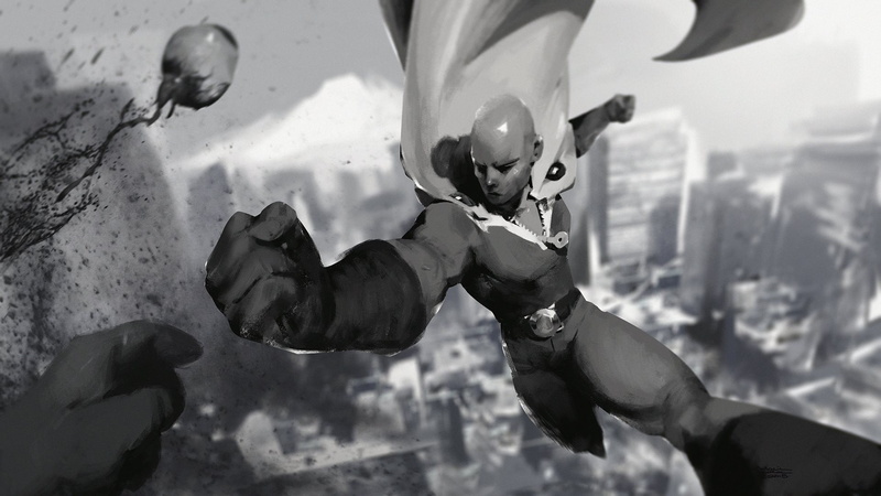 hand, focus on foreground, outdoors, punch, built structure, Saitama, art and craft, equipment, monochrome, anime boys, indoors, anime, lifestyles, real people