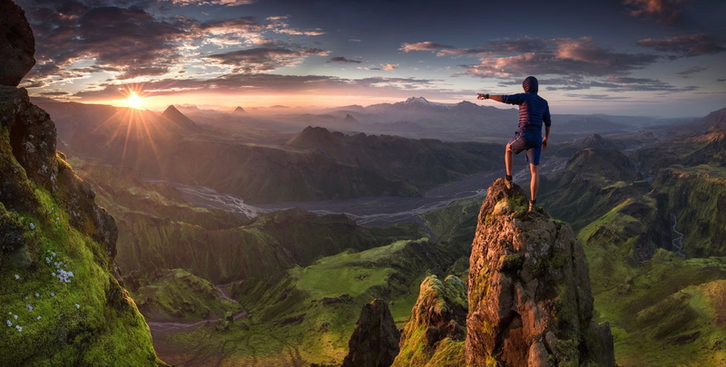 sky, tranquil scene, mountain, outdoors, freedom, hiking, sunset, one person, full length, Sun, sun rays, scenics - nature, tranquility, beauty in nature