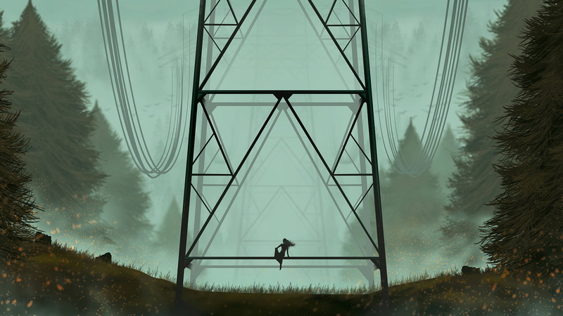 architecture, electricity pylon, 1080P, silhouette, water, derek rudy women nature green landscape relaxing digital art power lines, cable, one person
