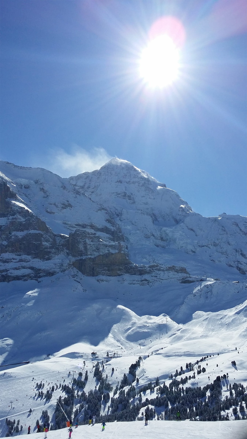 nature, alpine, mountains, sky, cold, grindelwald, mountain, sunbeam, blue, cold temperature, tranquility, sun, outdoors, 1080P, snowcapped mountain, day