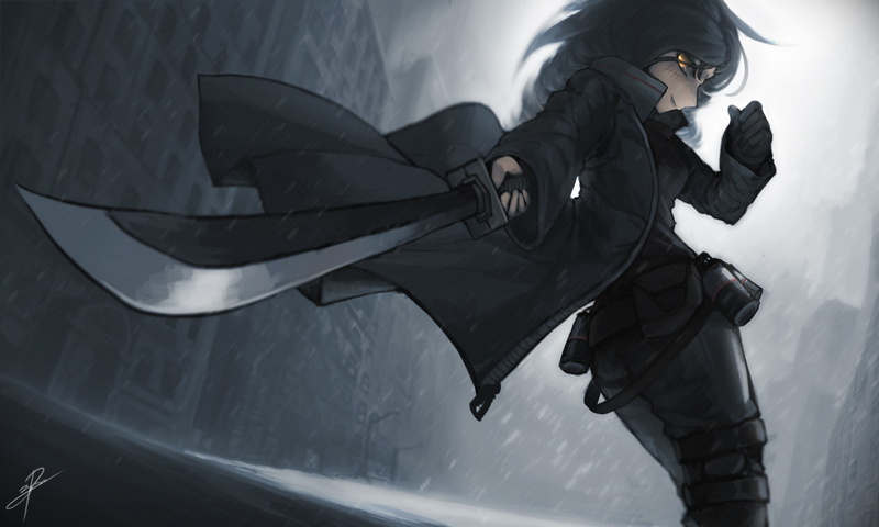 orange eyes, anime, sword, anime girls, long hair, 2K