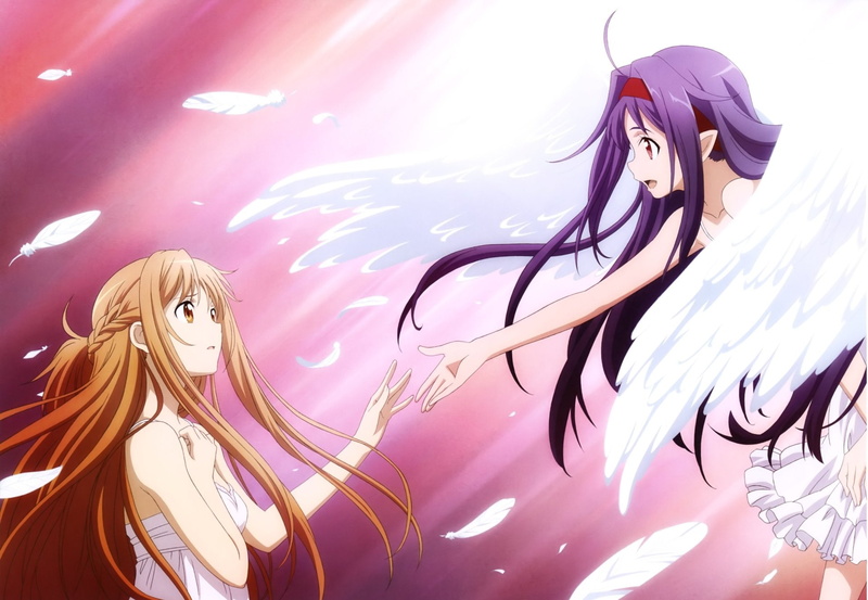 Brown Hair, Wings, Feather, Purple Hair, White Dress, Pointed Ears, Sword Art Online II, Sword Art Online, 1080P, Long Hair, Asuna Yuuki, Yellow Eyes