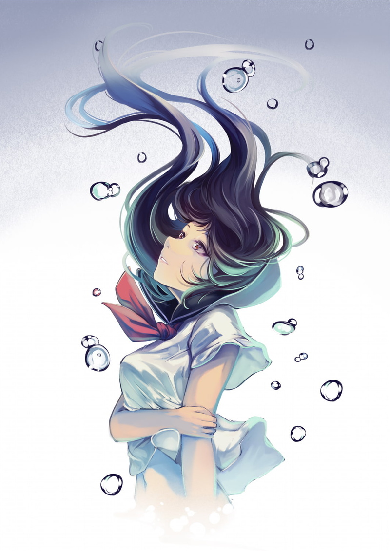 women, white background, digital art, painting, underwater, anime girls, white shirt, 720P, artwork, red eyes, brunette, concept art, white clothing, orange